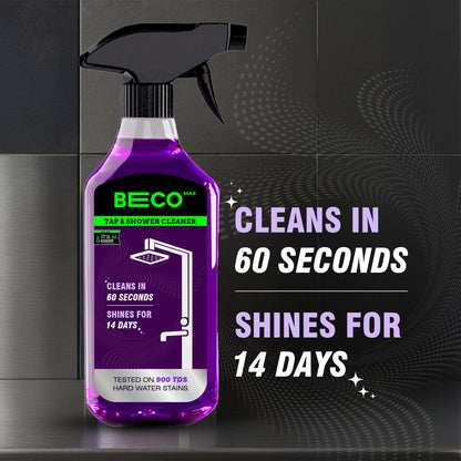 Beco Tap-Shower & Limescale Remover -500 ml | Descaler Liquid | Instantly Removes Stains | Cleans in 60 seconds | Non-Toxic | Max Shine | Suitable for Bathroom, Taps, Showers,Tiles, Mirrors