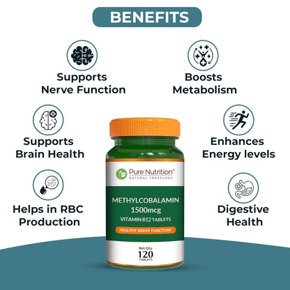 Pure Nutrition Vitamin B12 (1500mcg) - 120 Veg Tablets | Methylcobalamin B12 for Men & Women | Boosts Immunity & Energy Levels | Supports Brain, Nerve & Heart Health | Essential for Red Blood Cell Formation