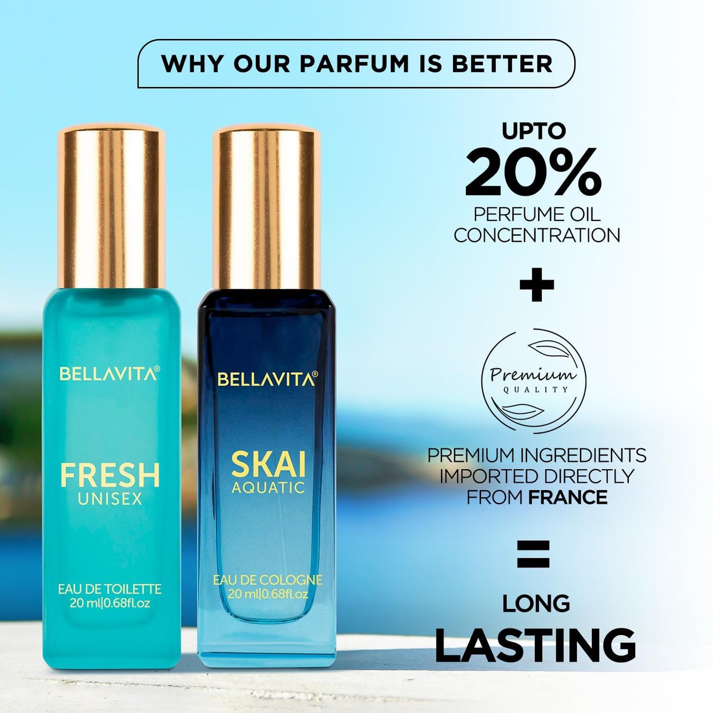 BELLAVITA Skai Aquatic EDC & Fresh EDT | Long Lasting 2x20ml Perfume for Man & Woman | Gifts for Woman | Bergamot, Ylang Ylang, Pink Pepper | Premium Fragrance