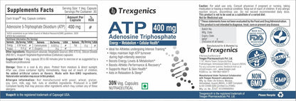 Trexgenics ATP Adenosine Triphosphate 400 mg Energy, Metabolism, Endurance, Cellular Health VEGAN & NON-GMO (30 Vcaps) (Pack of 1)