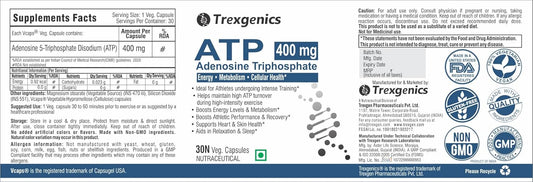 Trexgenics ATP Adenosine Triphosphate 400 mg Energy, Metabolism, Endurance, Cellular Health VEGAN & NON-GMO (30 Vcaps) (Pack of 1)