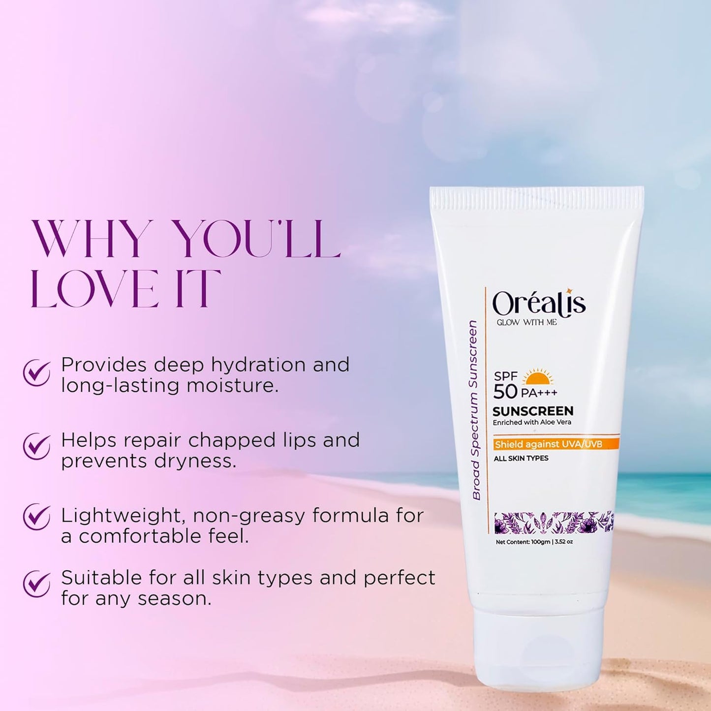 OrÃ©alis Sunscreen Cream 100gm with UVA UVB PA+ Protection | Moisturizer with Aloe Vera | Broad Spectrum Lightweight Non-Greasy Face Sunscreen for All Skin Types Men & Women