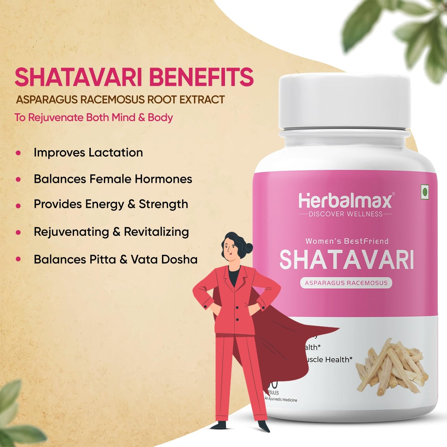 Herbalmax Organic Shatavari 400mg | Hormonal Balance & Womenâ€™s Health Supplement | Supports Lactation, Immunity, Bone & Muscle Strength, Rich in Antioxidants â€“ 60 Veg Capsules