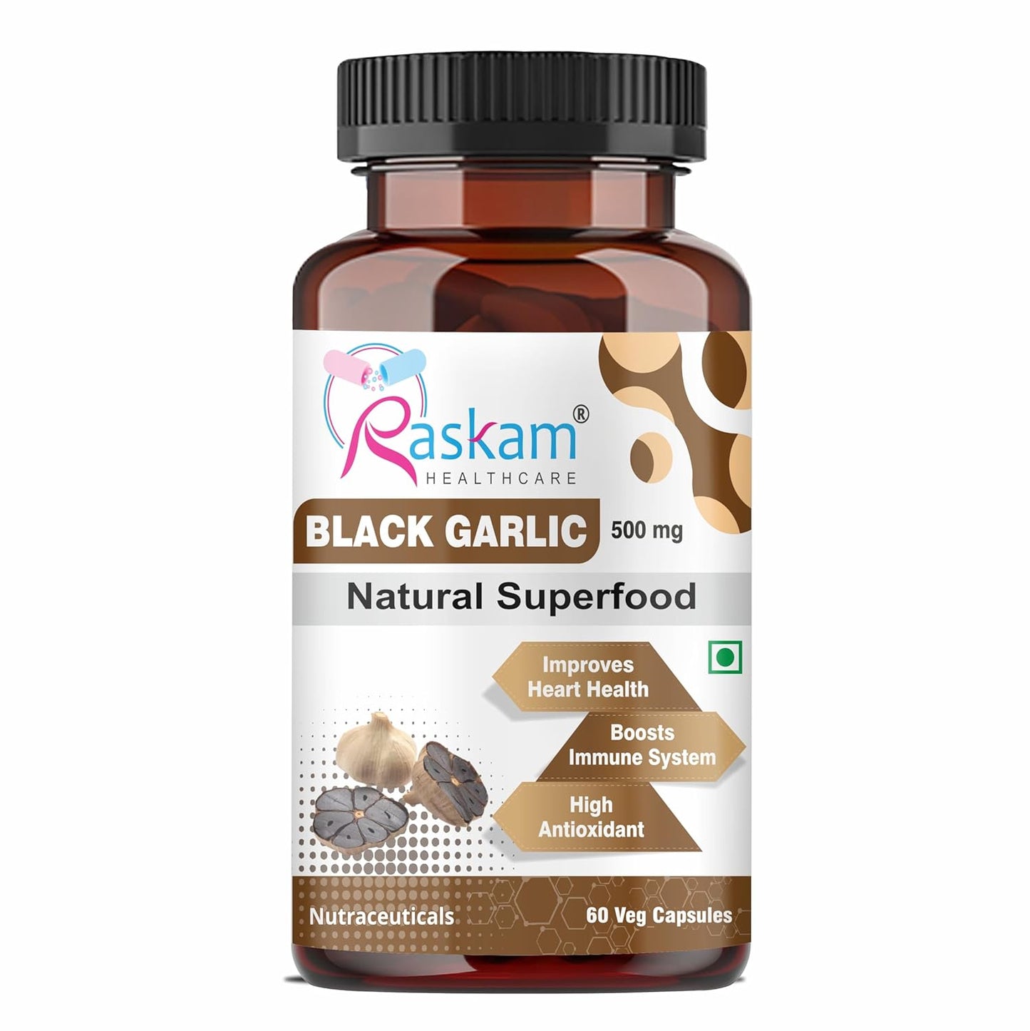 Black Garlic Capsules, Natural Superfood, 60 Veg Capsules, Improves Heart Health, Boosts Immune System