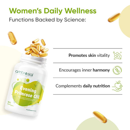 AMBROSIAL Evening Primrose Oil (EPO) 1000mg | 60 Capsules | Rich Source of Omega 6 & GLA | Non-GMO, Gluten Free | No Artificial Preservatives (Pack of 1-60 Softgels)