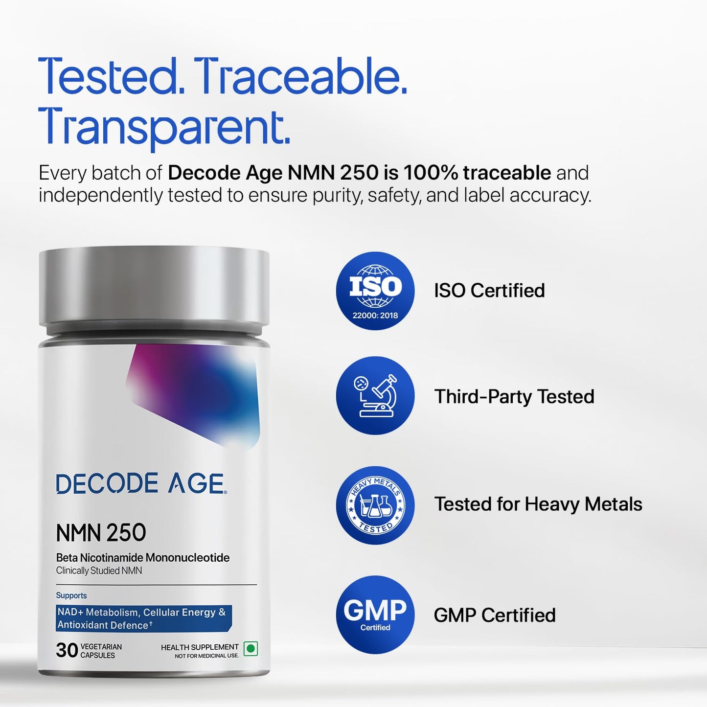 Decode Age NMN Supplement 250 mg | 99% Pure NMN for Anti-Aging, NAD+ Boost & Cellular Energy | High Absorption Nicotinamide Mononucleotide | Longevity & DNA Repair Support | 30 Capsules