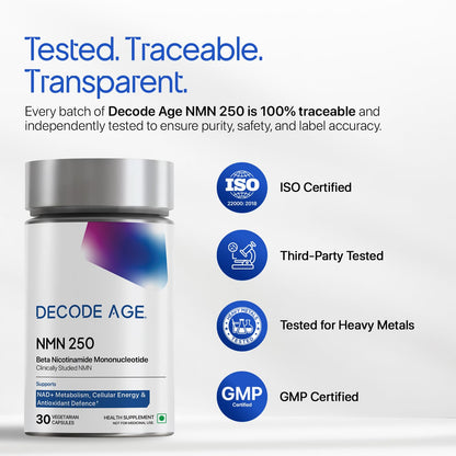 Decode Age NMN Supplement 250 mg | 99% Pure NMN for Anti-Aging, NAD+ Boost & Cellular Energy | High Absorption Nicotinamide Mononucleotide | Longevity & DNA Repair Support | 30 Capsules