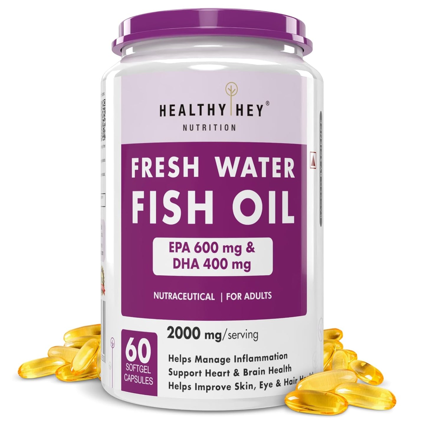 HealthyHey Nutrition Fresh Water Fish Oil - 2000 Mg/serving - 60 Softgel Capsules (600 EPA & 400 DHA)