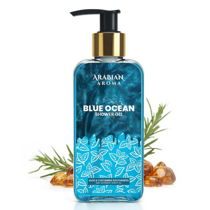Arabian Aroma Blue Ocean Refreshing Shower Gel for Men | Deep Clean Hydration with Aloe & Cucumber | Long-Lasting Fresh Ocean Scent | 250ml Body Wash