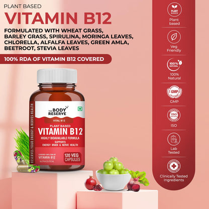 The Body Reserve Plant Based Vitamin B12 Supplement For Men & Women 120 Capsules Organic Vitamin B12 For Nerve And Brain Health Vegan Capsules