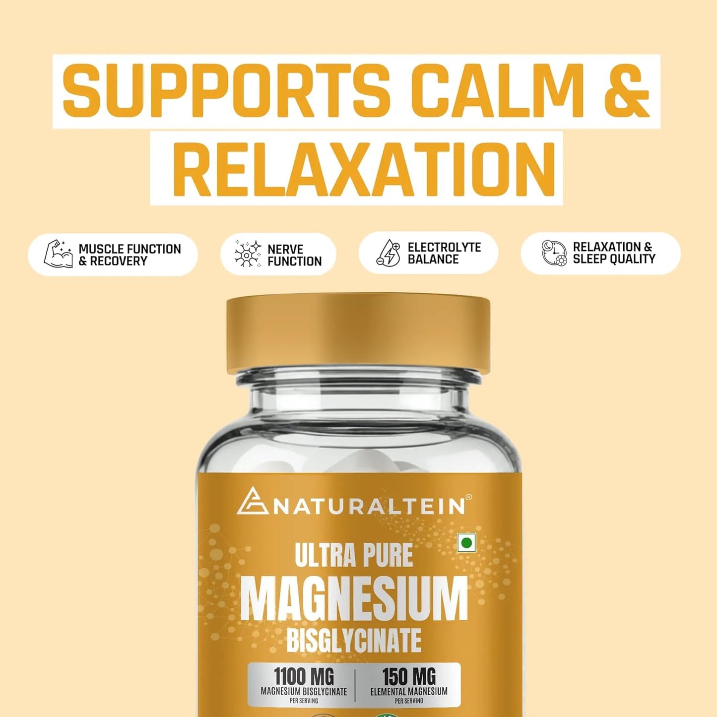 Naturaltein Magnesium Glycinate 1100mg (150mg Elemental) | Chelated High Absorption Magnesium | Supports Sleep Quality & Normal Muscle Function | Glyphosate Tested | 30 Tablets