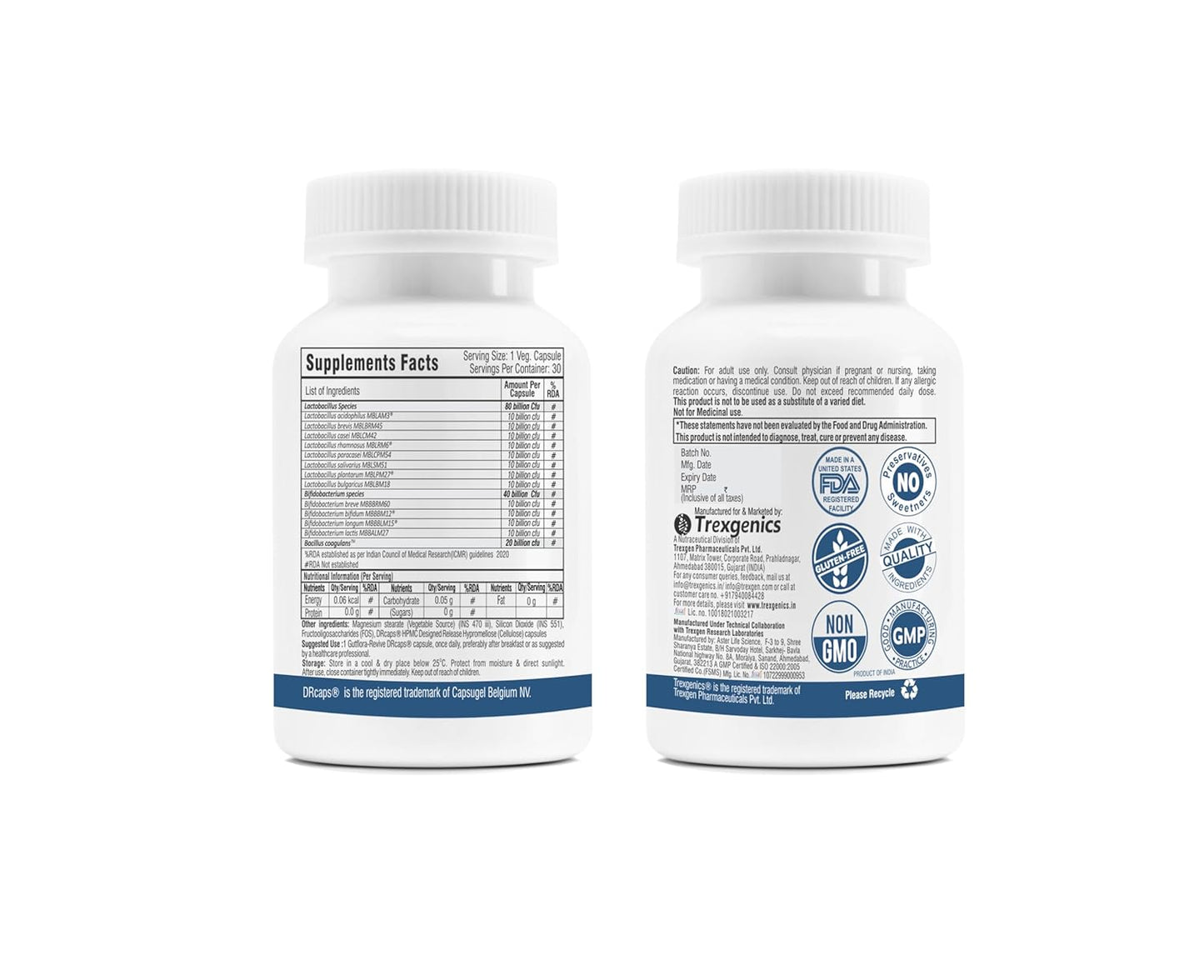 Trexgenics GUTFLORA-REVIVE Probiotics 140 Billion CFU/Delayee release stomach acid protection capsules, Gut Microbiota, Digestive Health & Immunity (30 Veg Capsules)