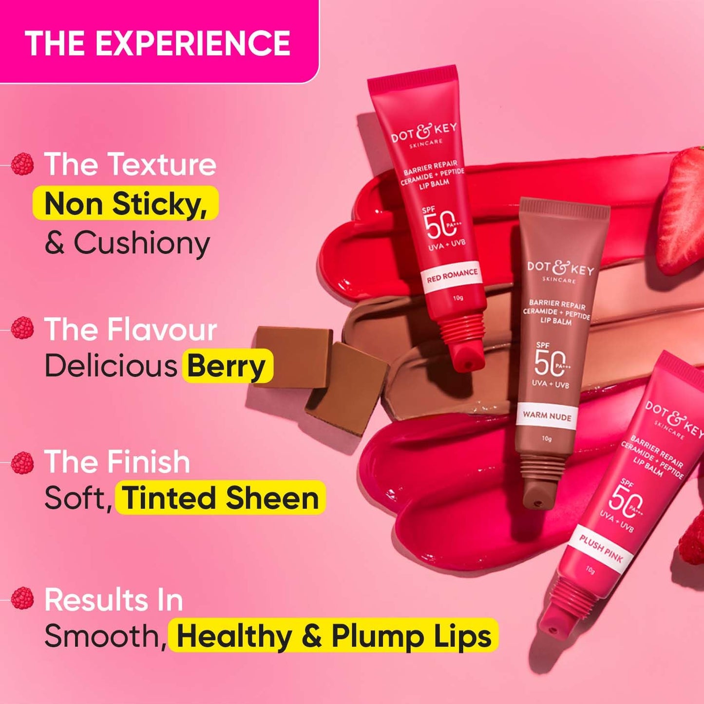 Dot & Key Ceramide & Peptide Barrier Repair Lip Balm SPF 50, PA+++ |Plush Pink | UVA/UVB Lip Protection | Soft Tinted Lip Moisturizer | Boosts Collagen & Instantly Plumps Lip | Prevents Pigmentation | Lip Balm for Women | 10gm