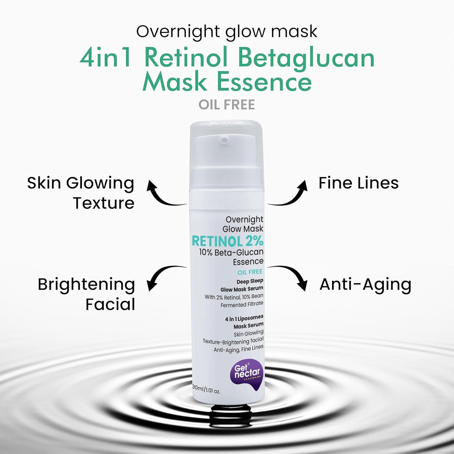 Get Nectar Happiness Overnight Glow Mask Night Serum 2% Retinol (Oil Free) with Beta-glucan & Bean Essence for Anti-Aging, Fine Lines, Wrinkles & Younger-Look (30ml)