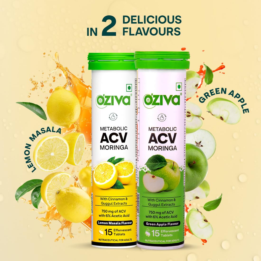 OZiva Acv Moringa|Control Cravings I Apple Cider Vinegar,Cinnamon,Guggul I No Maltodextrin & No Added Sugar I 15 Effervescent Tablets - Green Apple,Pack Of 2 (30 Tablets),2 Count,15 Capsules