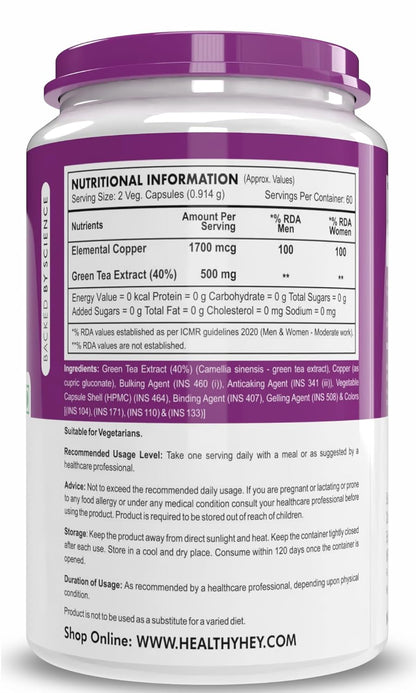 HealthyHey Nutrition Chelated Copper Gluconate - Highly Bioavailable Form - Non-GMO, Gluten Free -120 Veg. Capsules