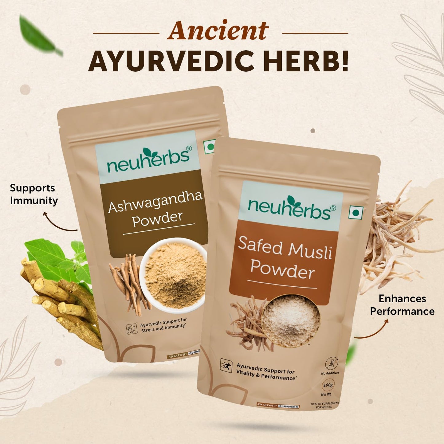 Neuherbs Organic Safed Musli + Ashwagandha Powder (200g) | Herbal Combo For Strength & Stamina Booster, Support for Stress, Mental Calmness & Anxiety Issues