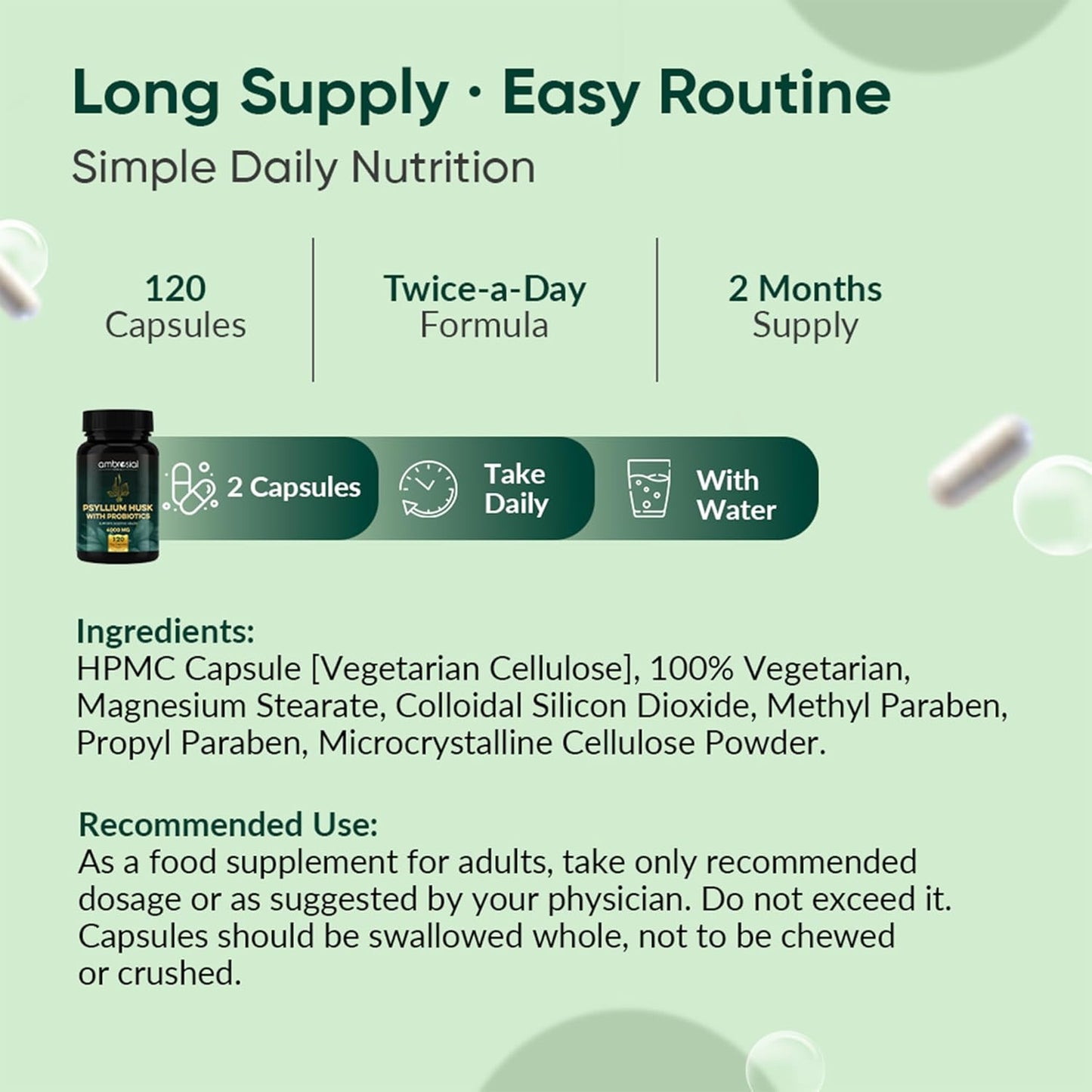 Ambrosial Psyllium Husk Capsules - 4000 MG with Probiotics: Detoxify and Revitalize Your Digestive System with Natural Fiber Support - 120 Vegan Capsules