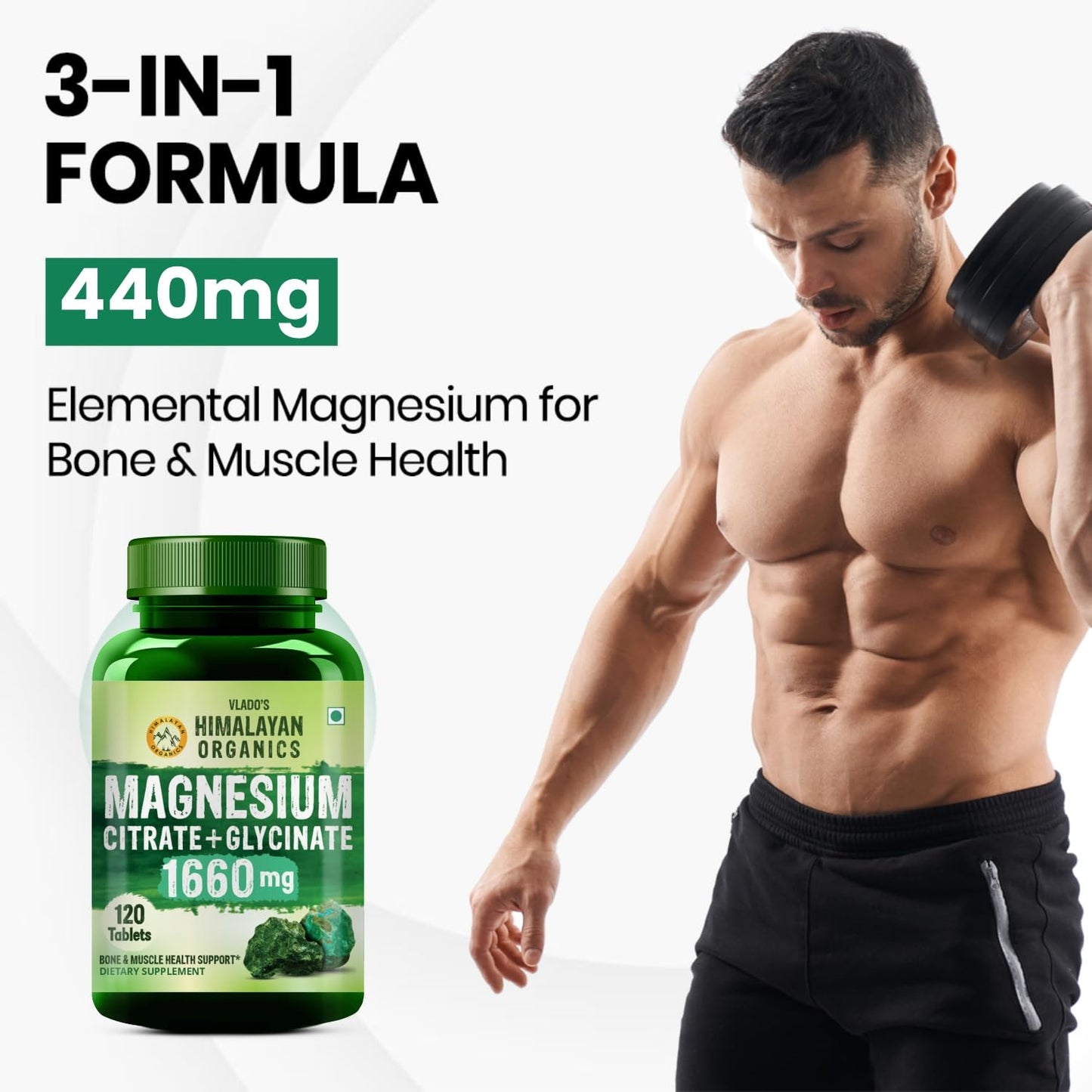 Vladoâ€™s Himalayan Organics Magnesium Citrate + Glycinate + Oxide Complex 1660 mg - Triple Magnesium Complex Supplement For Men And Women | Boost Heart, Nerve & Muscle Health | Good For Strong Bones | Clinically Proven - 120 Vegetarian Tablets