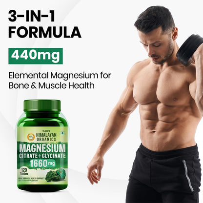Vladoâ€™s Himalayan Organics Magnesium Citrate + Glycinate + Oxide Complex 1660 mg - Triple Magnesium Complex Supplement For Men And Women | Boost Heart, Nerve & Muscle Health | Good For Strong Bones | Clinically Proven - 120 Vegetarian Tablets