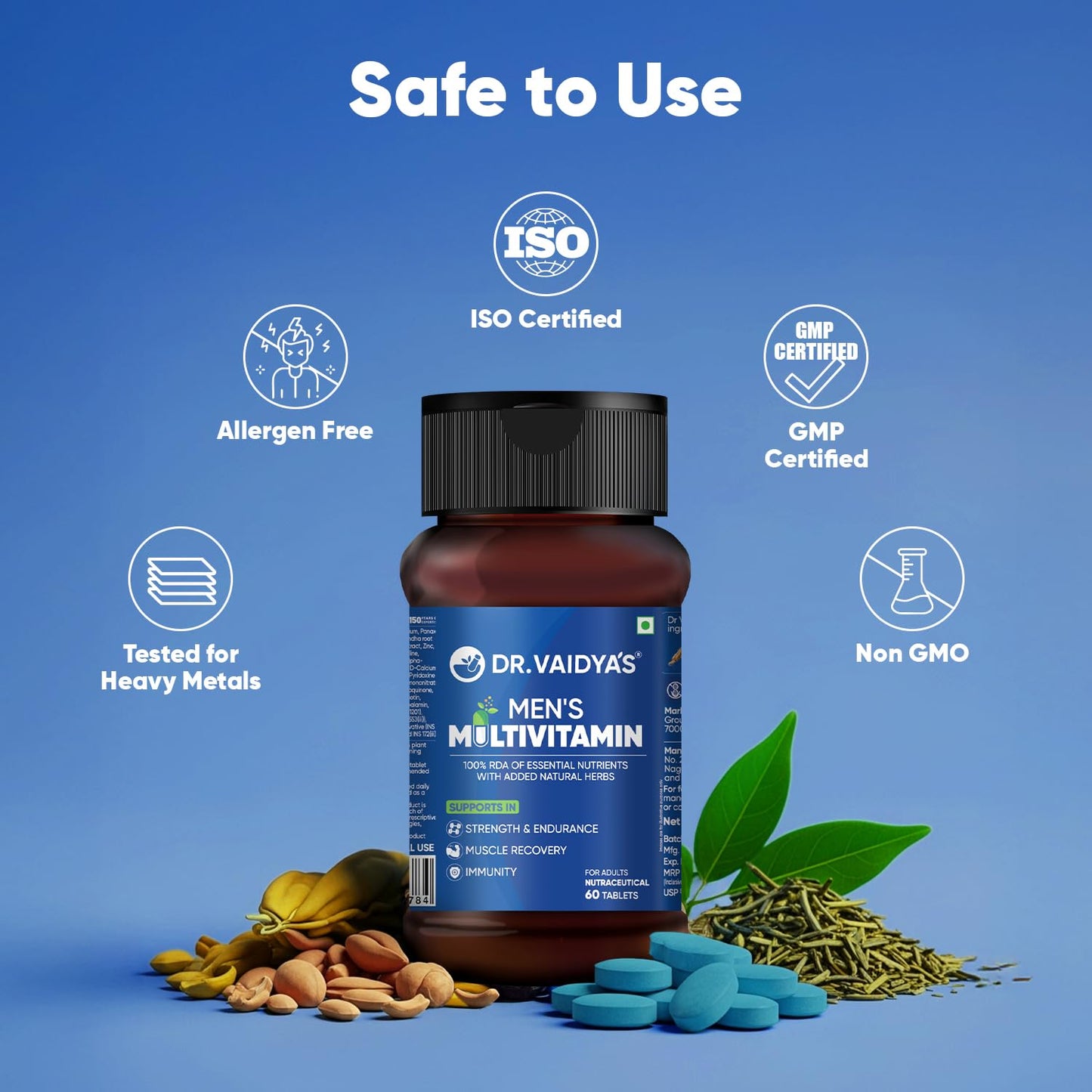 Dr. Vaidyaâ€™s Menâ€™s Multivitamin Tablet | Natural Multivitamin for Men Enriched with Ayurvedic Herbs | Goodness of Vitamin C tablets, Vitamin D, Calcium, Vitamin D3, and Magnesium Supplement | 60 Tablets