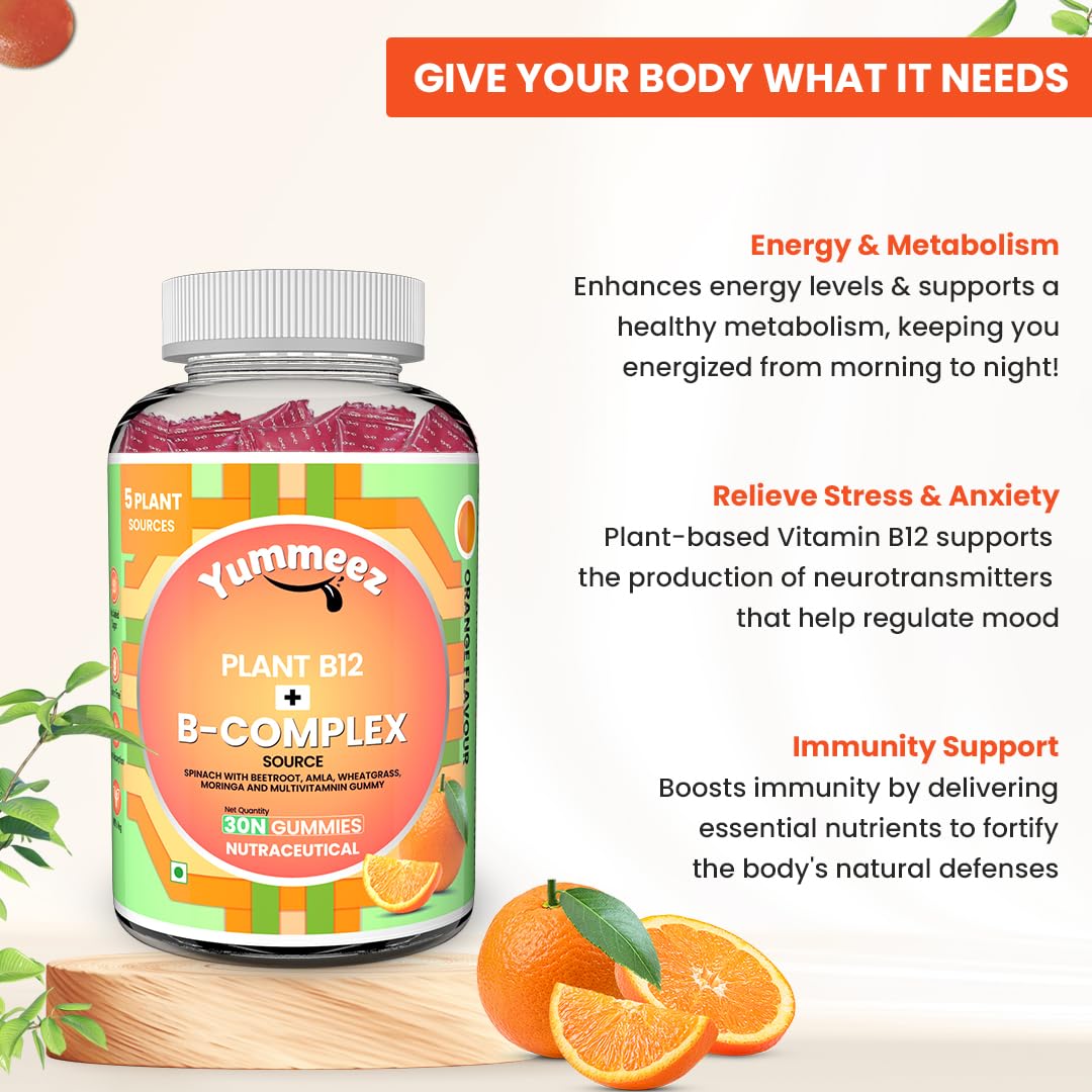 NATURYZ Plant-Based Vitamin B12 + B-Complex Gummies for Vegetarians | Energy, Mood & Metabolism Support | With Spinach, Moringa & Beetroot | No Gelatin, No Added Sugar | 30 Orange Gummies
