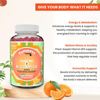 NATURYZ Plant-Based Vitamin B12 + B-Complex Gummies for Vegetarians | Energy, Mood & Metabolism Support | With Spinach, Moringa & Beetroot | No Gelatin, No Added Sugar | 30 Orange Gummies