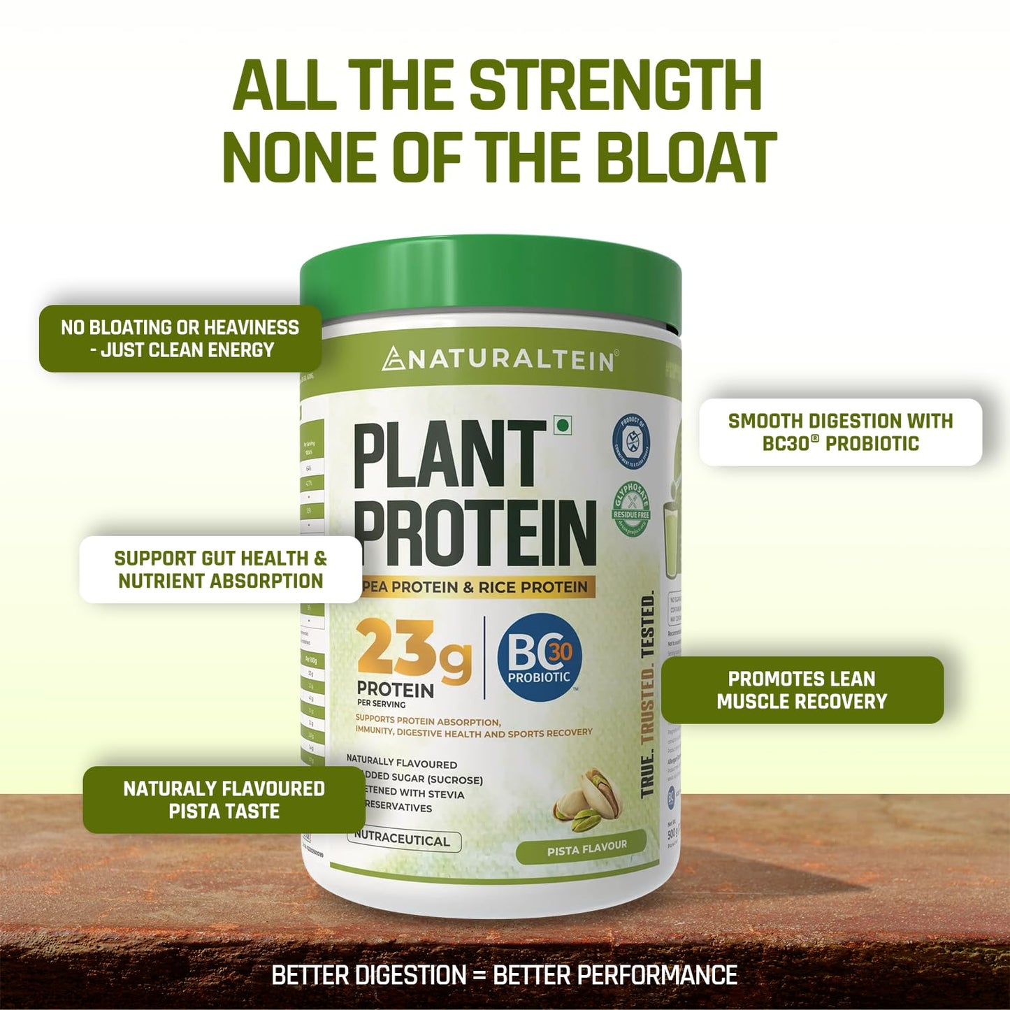 NATURALTEIN Plant Protein | 23g Clean Vegan Protein with BC30 Probiotic | Natural Pista Flavour | Supports Strength, Energy & Gut Health | No Added Sugar, 100% Natural & Easily Digestible