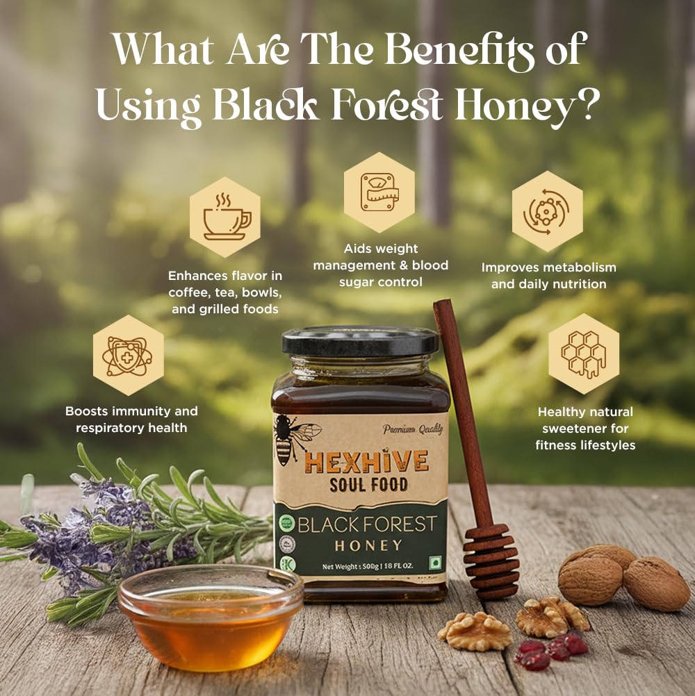 Hexhive Black Forest Honey | Dark Honeydew Honey from Forest Trees | Rich in Antioxidants & Minerals | Low Glycemic Index | Immunity Booster | No Added Sugar | Healthy Sweetener | 500g