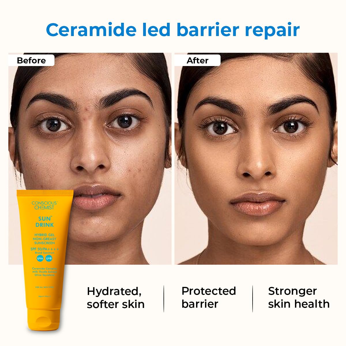 Conscious ChemistÂ® Dewy Ceramide Sunscreen SPF 50 PA++++ In-Vivo Tested | For Oily Skin | UVA/UVB & Blue Light Protection | Fragrance-Free | For Men & Women, All Skin Type - Sun Drink | 20g