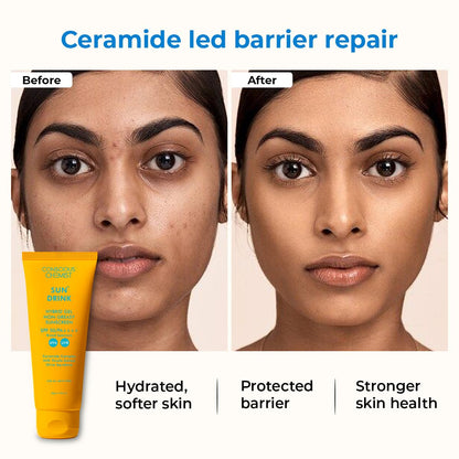 Conscious ChemistÂ® Dewy Ceramide Sunscreen SPF 50 PA++++ In-Vivo Tested | For Oily Skin | UVA/UVB & Blue Light Protection | Fragrance-Free | For Men & Women, All Skin Type - Sun Drink | 20g