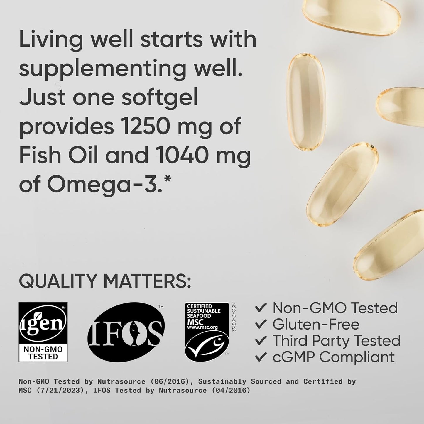 Sports ResearchÂ® Omega-3 Fish Oil 1250 - Triple Strength Fish Oil Supplement from Wild Alaska Pollock - MSC Certified Sustainable Â· Non-GMO Â· Soy Free - 180 Softgel Capsules