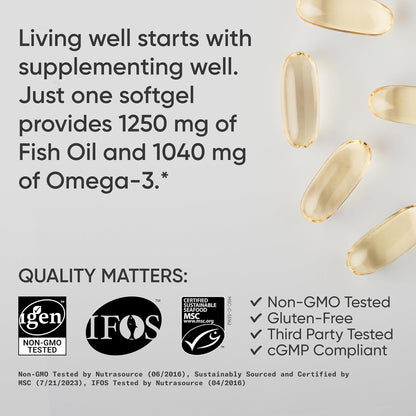 Sports ResearchÂ® Omega-3 Fish Oil 1250 - Triple Strength Fish Oil Supplement from Wild Alaska Pollock - MSC Certified Sustainable Â· Non-GMO Â· Soy Free - 180 Softgel Capsules