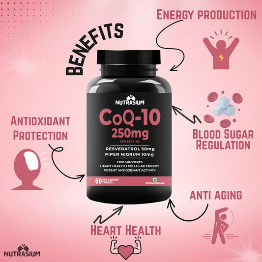 Nutrasium Co Enzyme Q-10 250 mg With Resveratrol | CoQ-10 Supplemets | For Heart & Vascular Health, Cellular Energy Boost, Potent AntiOxidant | 60 Veg Tablets (60 Veg Tablets, Co-Q10)