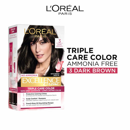 L'Oreal Paris Excellence Creme Hair Color, 3 Dark Brown, 72ml+100g