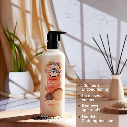 Buds & Berries Nourishment Shampoo with Rice Water and Chia Seeds | Strengthens Hair, 120 Hours of Conditioning | No Sulphate, No Paraben, No Silicone (300 ml)