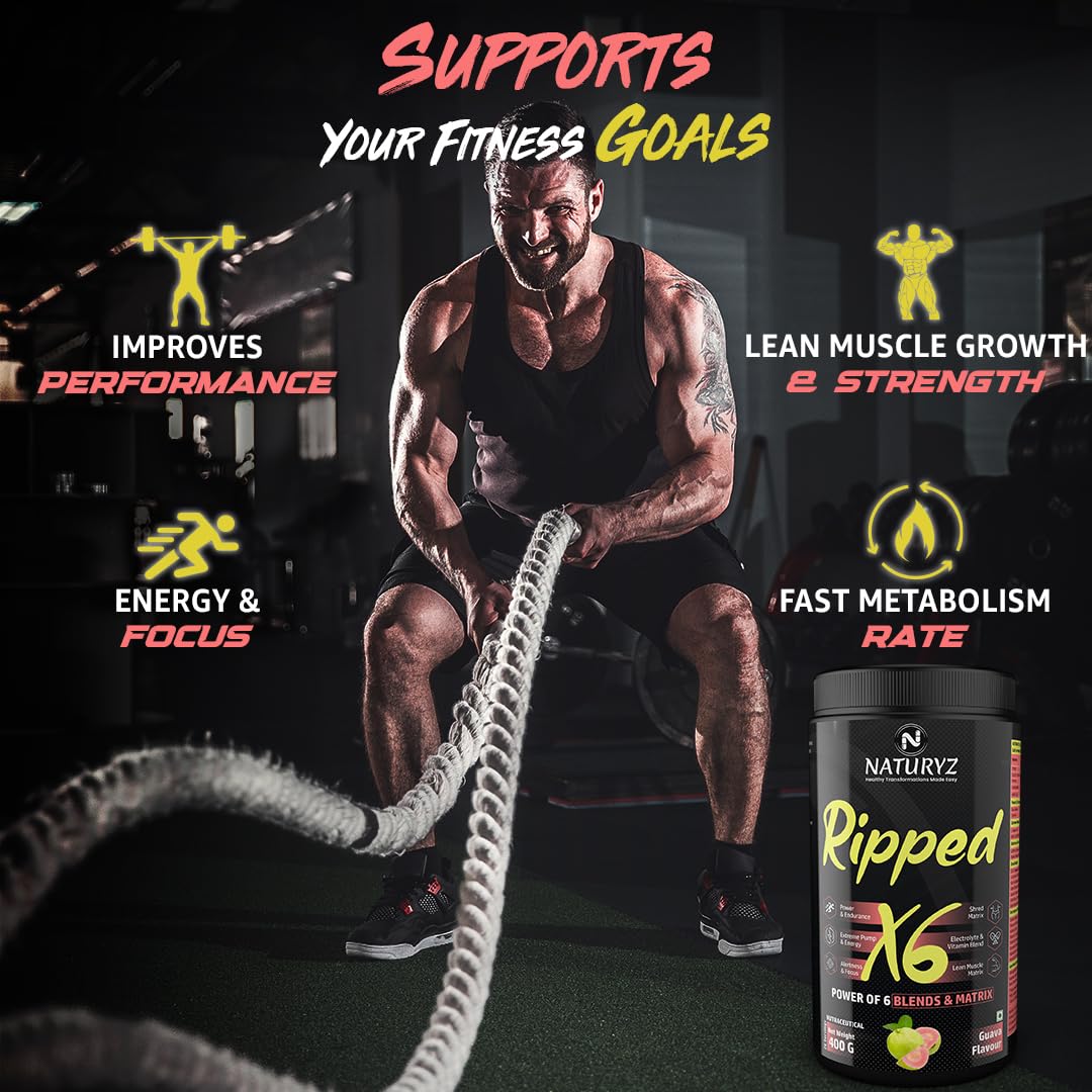 Naturyz Ripped X6 Pre Workout With Highest 24 Nutrients For Extreme Pump,Power,Endurance,Energy,Focus, For Fitness Enthusiasts,Athletes & Bodybuilders- 400 grams (Guava Flavour) - Powder, 1 count