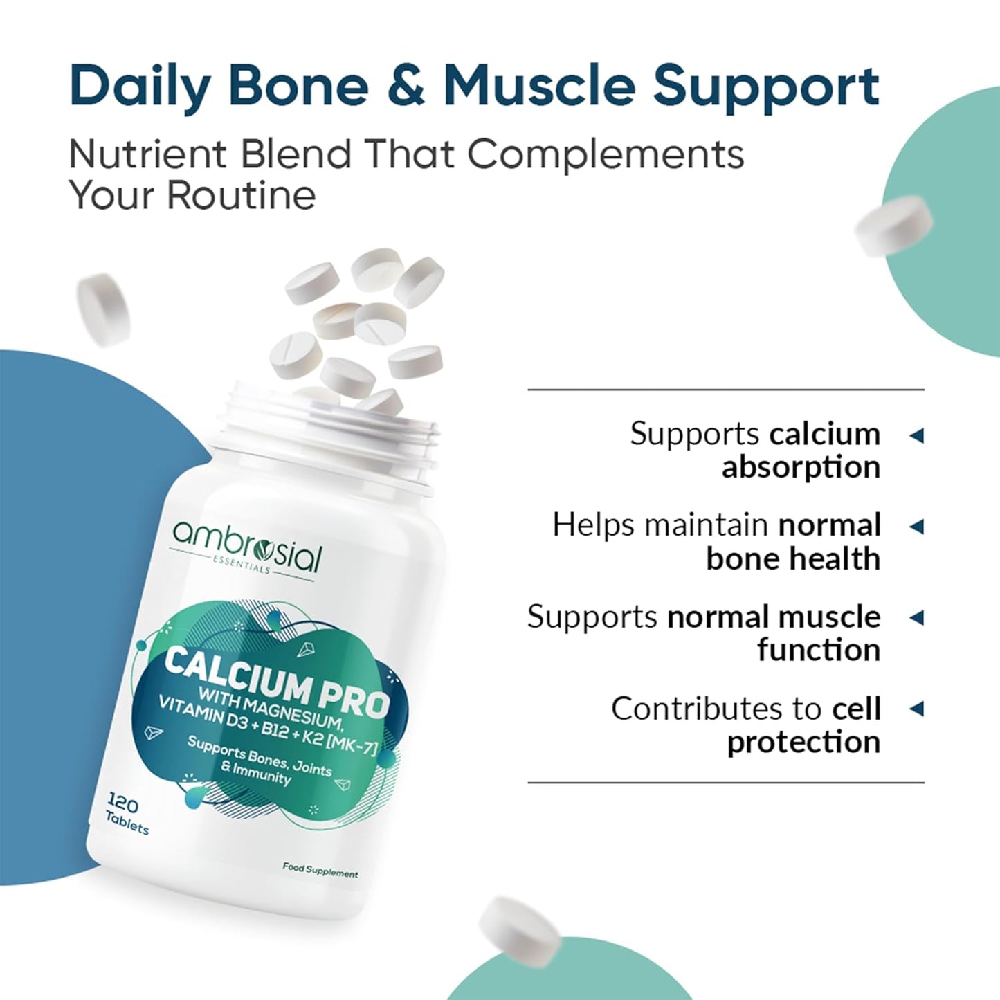 Ambrosial Calcium Pro & Vitamin D3 Tablets with Magnesium, Zinc, Vitamin K2 MK-7 & B12 | Calcium Citrate Malate Supplement With Alfalfa & Moringa Extracts for Men & Women | 120 Vegetarian Tablets