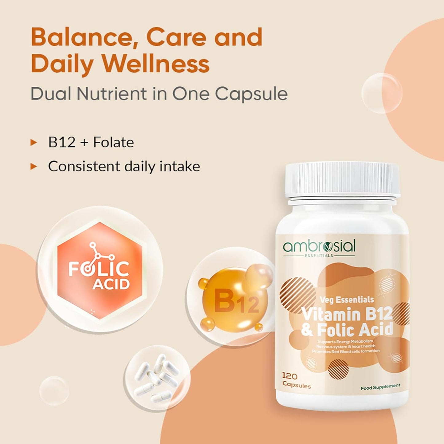 Ambrosial Vitamin B12 1000 mcg + 500 mcg Folic Acid | High Strength 1500 mcg b12 vitamin & Folic Acid |Reduction of Tiredness & Fatigue | B12 Supplement for Immune System & Energy | 120 Vegan Capsules