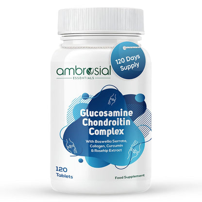 Ambrosial Glucosamine Chondroitin Joint Care Supplement with Curcumin, Collagen, Boswellia & Rosehip Extracts | High Strength Glucosamine Chondroitin for High Mobility & Flexibility | 120 Tablets