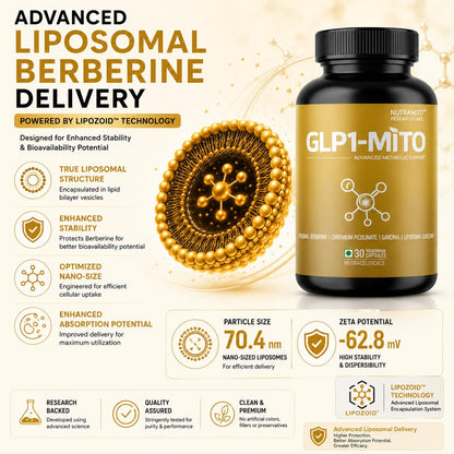 GLP1-MITO | 5-in-1 Weight Management Supplement | Liposomal Berberine, Chromium Picolinate, Garcinia Cambogia & Liposomal Curcumin with Piperine | 30 Veg Caps GLP-1 Supplement