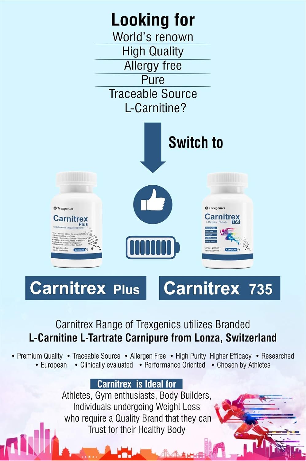 TrexgenicsÂ® CARNITREX 735 - CARNIPURE (Lonza, Switzerland) L-Carnitine L-Tartrate 735mg, Fat Metabolism, Energy, Endurance & Performance Boost Advanced formula (60 Veg. Capsules)