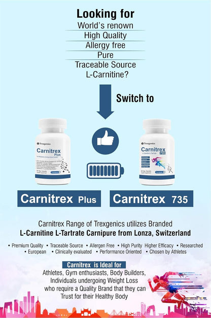 TrexgenicsÂ® CARNITREX 735 - CARNIPURE (Lonza, Switzerland) L-Carnitine L-Tartrate 735mg, Fat Metabolism, Energy, Endurance & Performance Boost Advanced formula (60 Veg. Capsules)