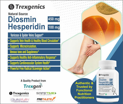 Trexgenics DIOSMIN 450mg, HESPERIDIN 100 mg Natural Source, Varicose, Spider Veins & Restless Leg Syndrome Support (60 Veg Capsules) (Pack of 1)