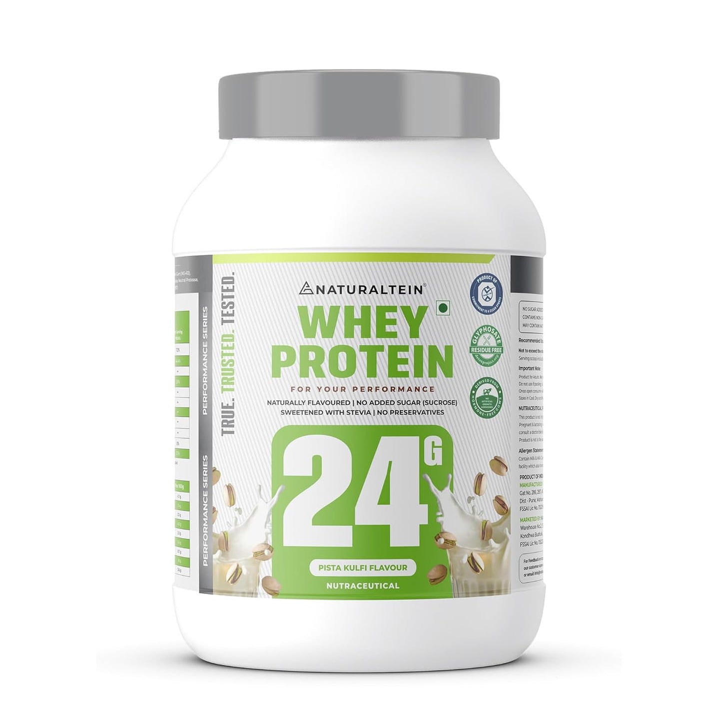 NATURALTEIN Natural Whey Protein â€“ 24g Protein per Serving | Pista Kulfi Flavour | Stevia Sweetened | No Added Sugar | Non-GMO | Soy-Free & Gluten-Free | Super Mixability | 1 kg