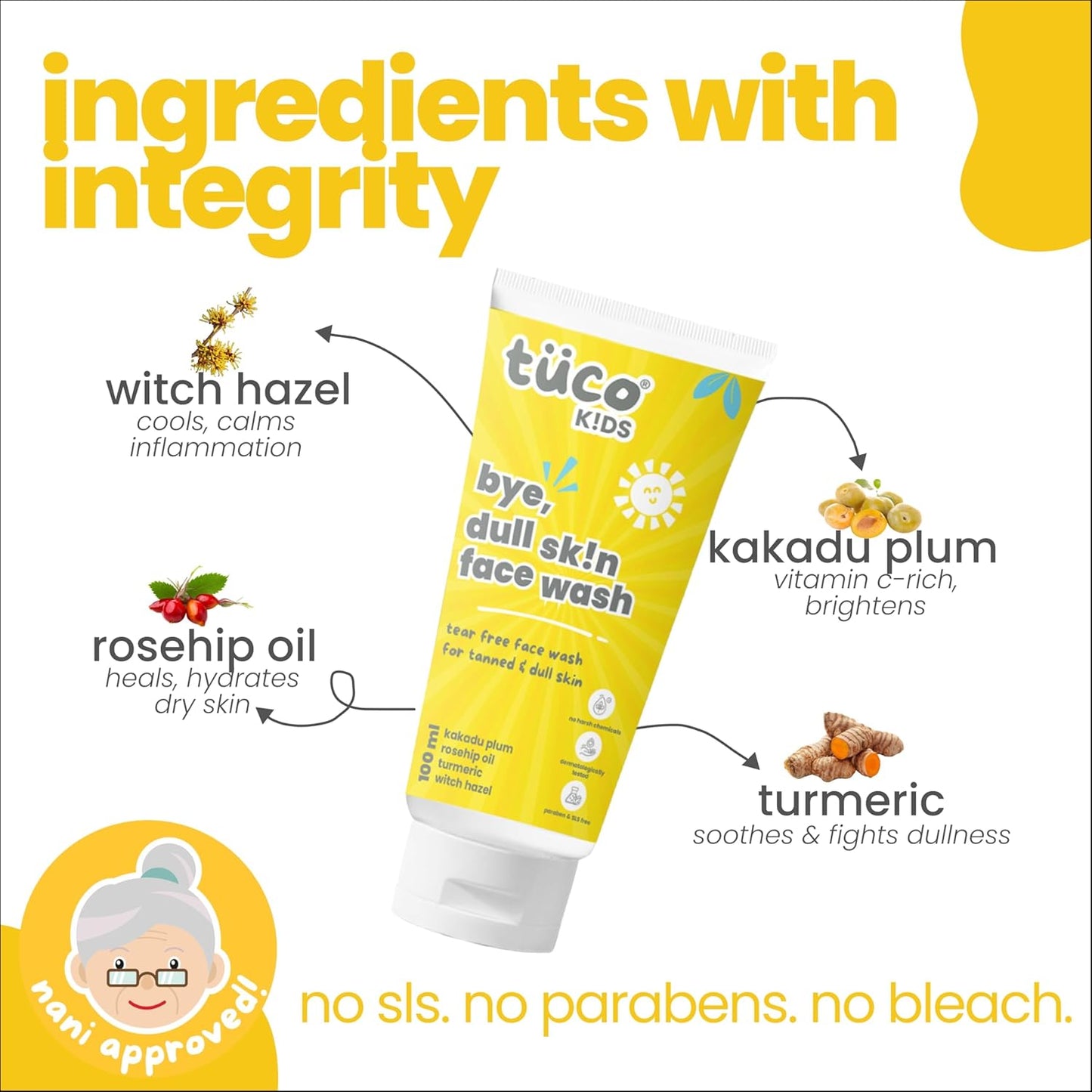 TucoÂ® Kids Face Wash | Perfect for Dull Skin | Infused with Turmeric, Kakadu Plum, Rosehip Oil, Safflower Oil, Witch Hazel | Ages 2-5, 4-10, 10-15, 5-10 Years | Paraben & Sulphate Free |100 ml (Pack of 1)
