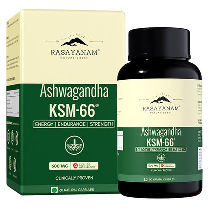 Rasayanam Ashwagandha KSM-66Â® | Clinically Proven 600mg Dosage | 5.1% Withanolides for Max Results | 100% Pure Root Extract | Stress Relief, Energy & Recovery Support | Worldâ€™s Strongest Ashwagandha | 60 Capsules
