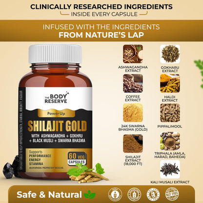 The Body Reserve Shilajit Gold Capsules For Men Himalayan Shilajeet With 24 Carat Gold, Gokshura, Ashwagandha, Kali Musli & Other Herbs For Stamina, Muscle Growth & Energy Ayurvedic 60 Veg Capsules