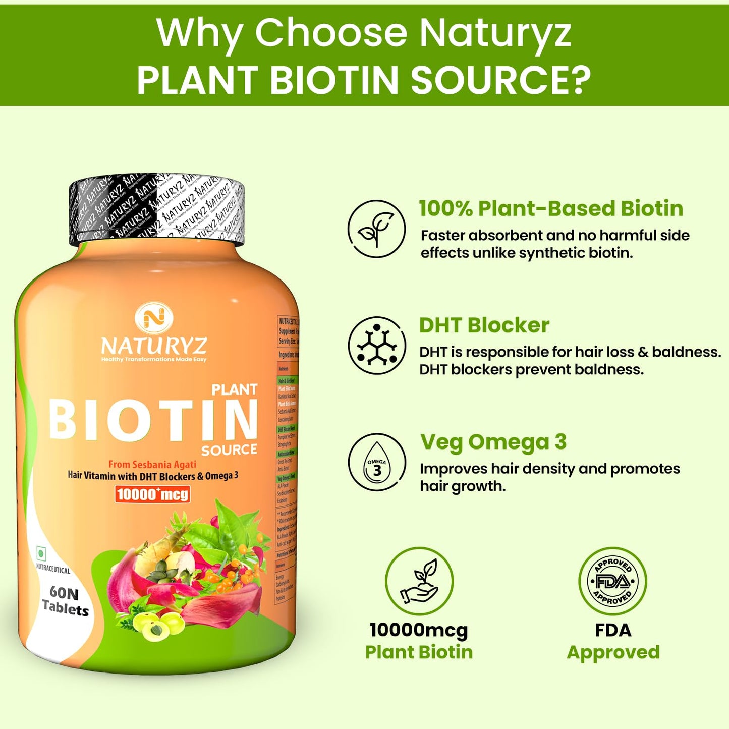 NATURYZ 100% Plant Based Biotin Tablets with High Protein Vitamin DHT Omega 3 for Strong Hairs,Nails Growth & Glowing Skin - 60 Tablets, 100 grams