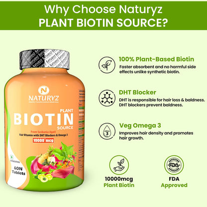 NATURYZ 100% Plant Based Biotin Tablets with High Protein Vitamin DHT Omega 3 for Strong Hairs,Nails Growth & Glowing Skin - 60 Tablets, 100 grams